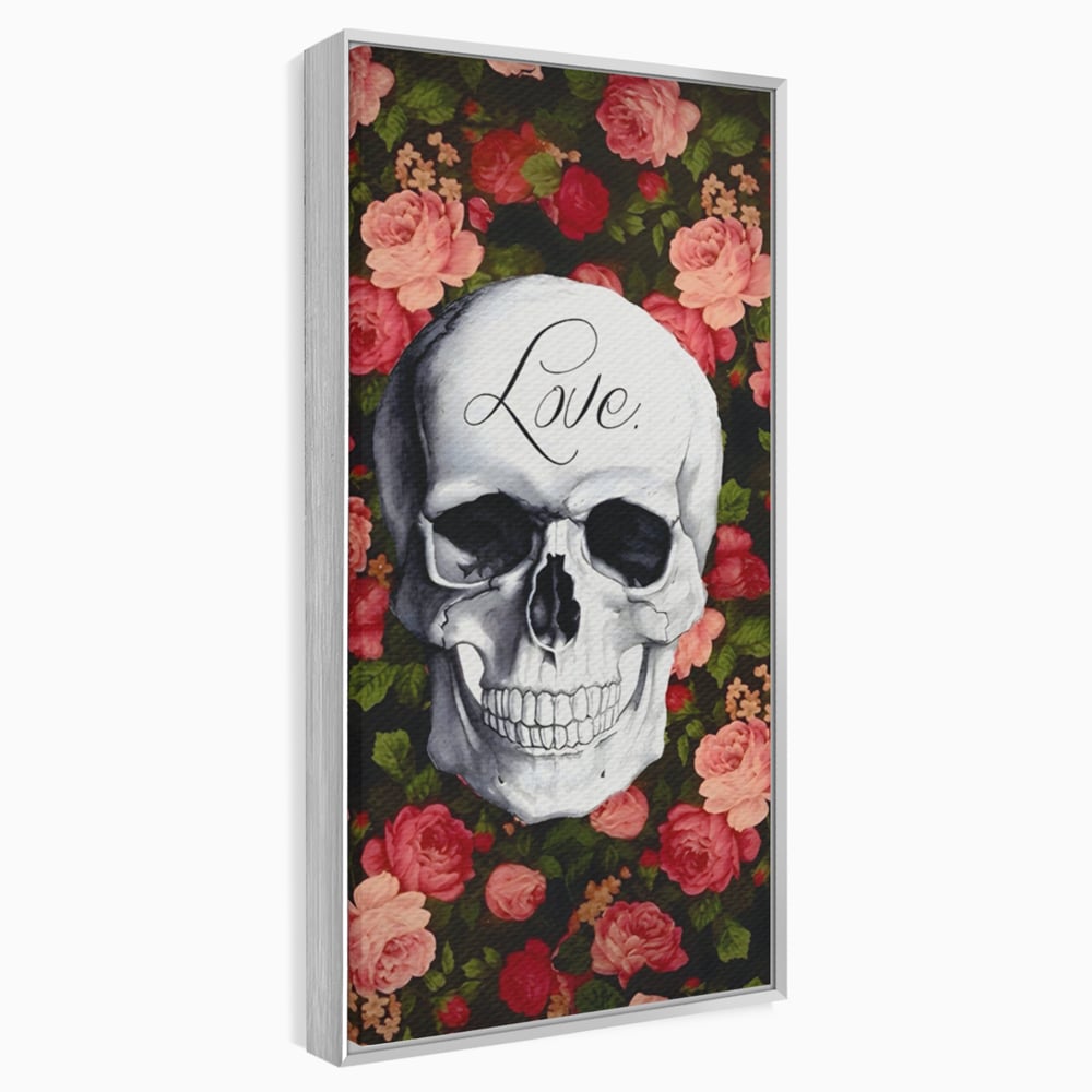 Tablou canvas cu tablou canvas cu craniu si trandafiri, in rama de aluminiu argintiu